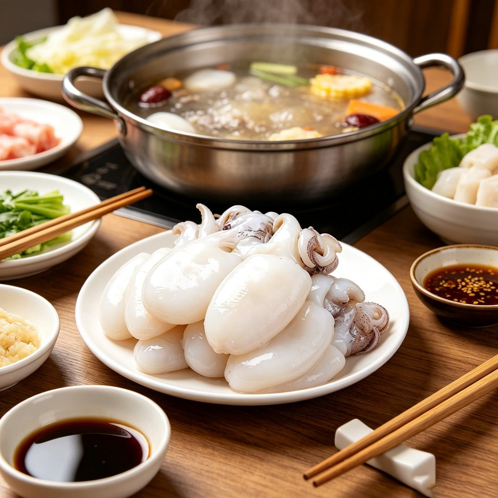 Boiled baby cuttlefish in hot pot broth with vegetables