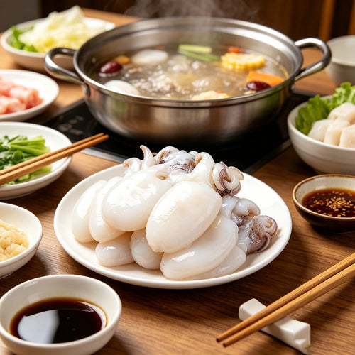 Boiled baby cuttlefish in hot pot broth with vegetables
