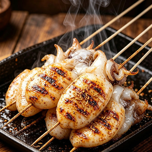 Grilled baby cuttlefish skewers on a charcoal grill