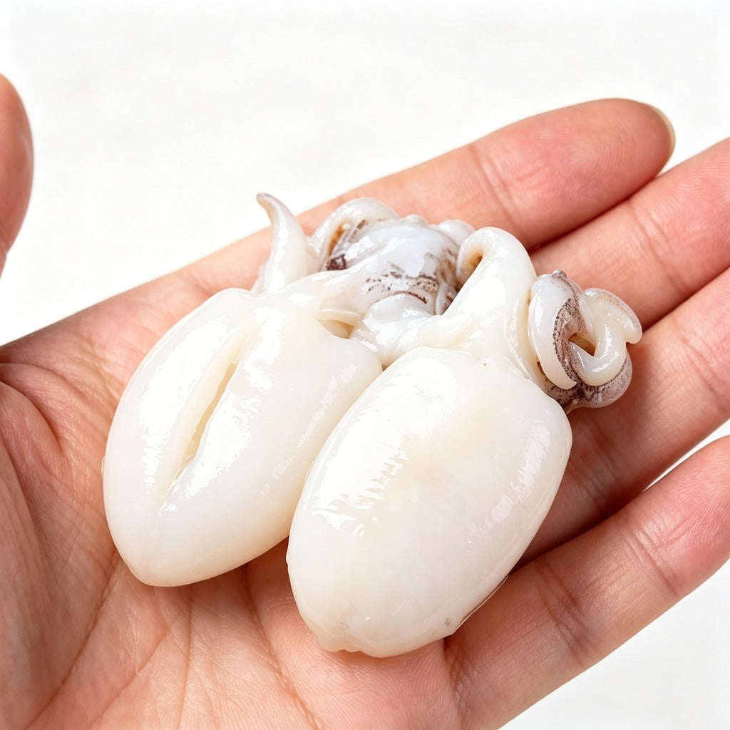Hand holding raw white baby cuttlefish