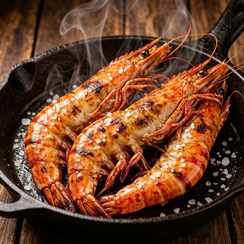 Cooked giant tiger prawns in a cast iron pan