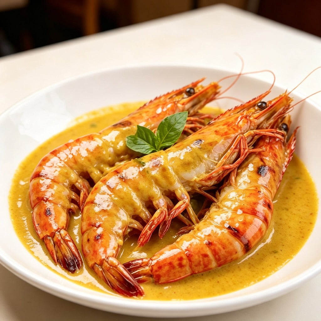 Cooked giant tiger prawns in a creamy curry sauce