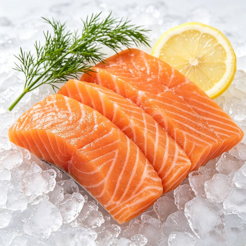 Raw salmon sashimi slices on crushed ice with lemon and dill