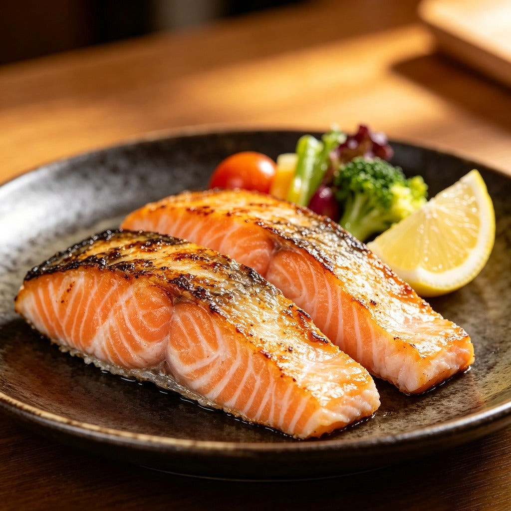 Pan-seared salmon fillet served on a plate with vegetables