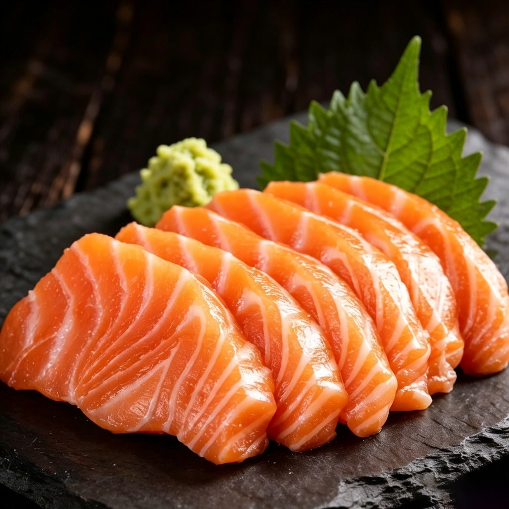 Salmon sashimi slices on a slate plate with wasabi