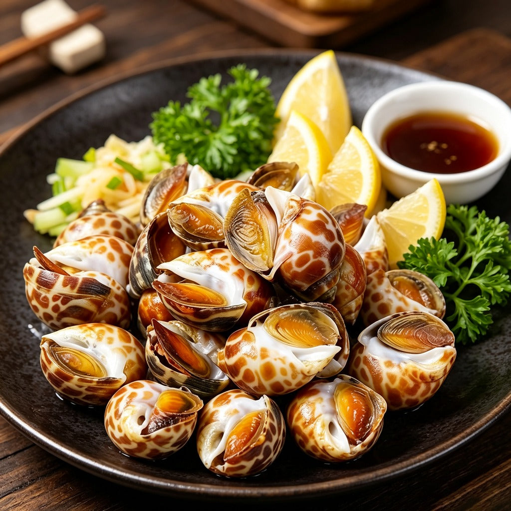 Raw spotted babylon snails on crushed ice with lemon and herbs