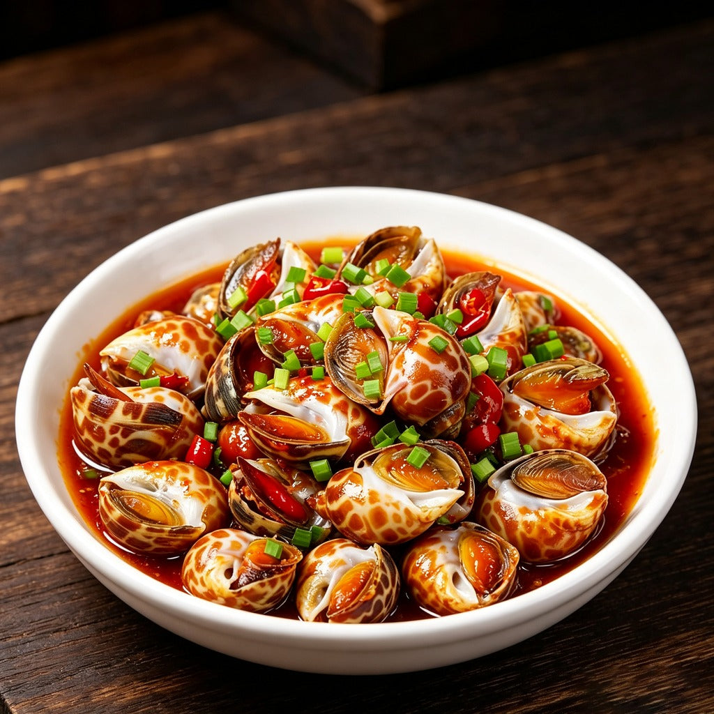 Spicy braised spotted babylon snails in red chilli sauce with spring onion