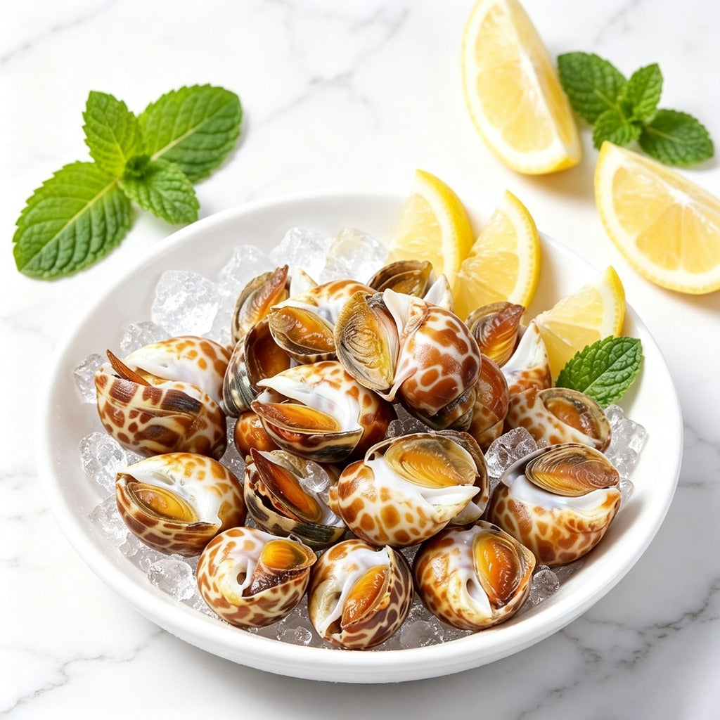 Spotted babylon snails chilled on crushed ice with lemon and mint