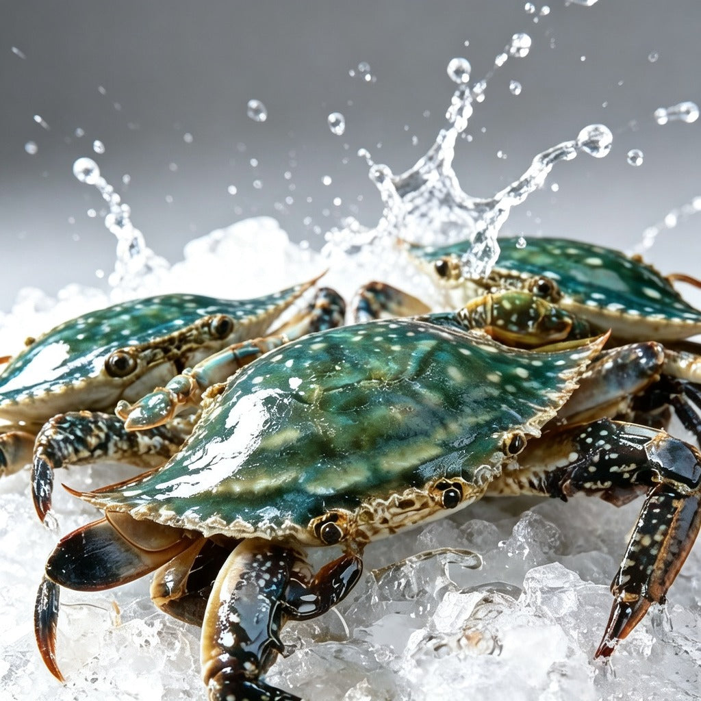 Raw blue swimming crabs on crushed ice with a water splash