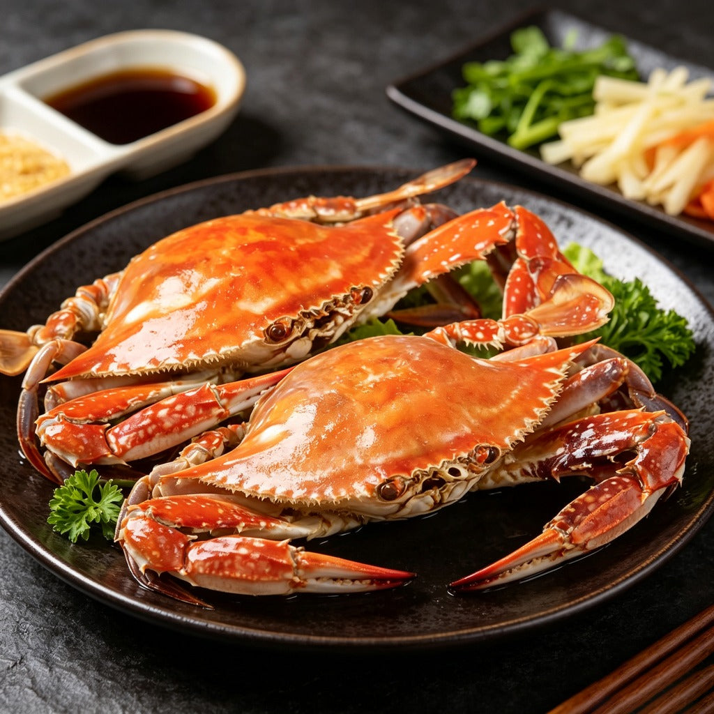 Cooked whole swimming crab served on a dark plate with garnish