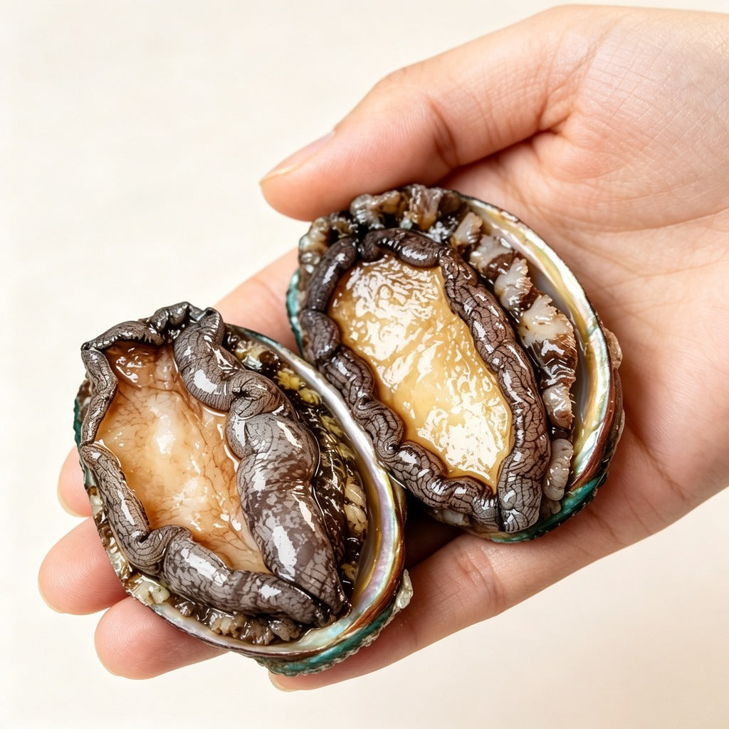 Hand holding two raw whole abalone