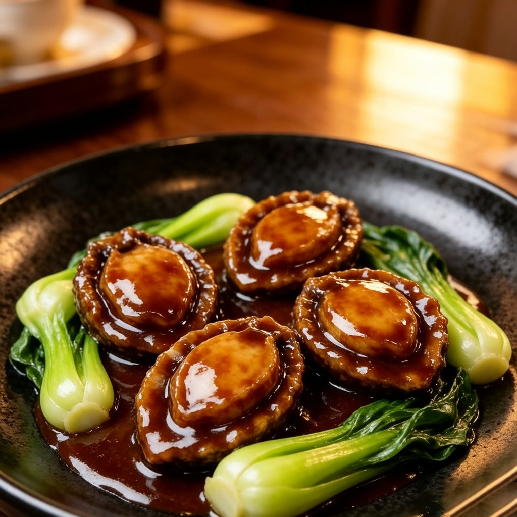 Braised whole abalone with bok choy on a dark plate