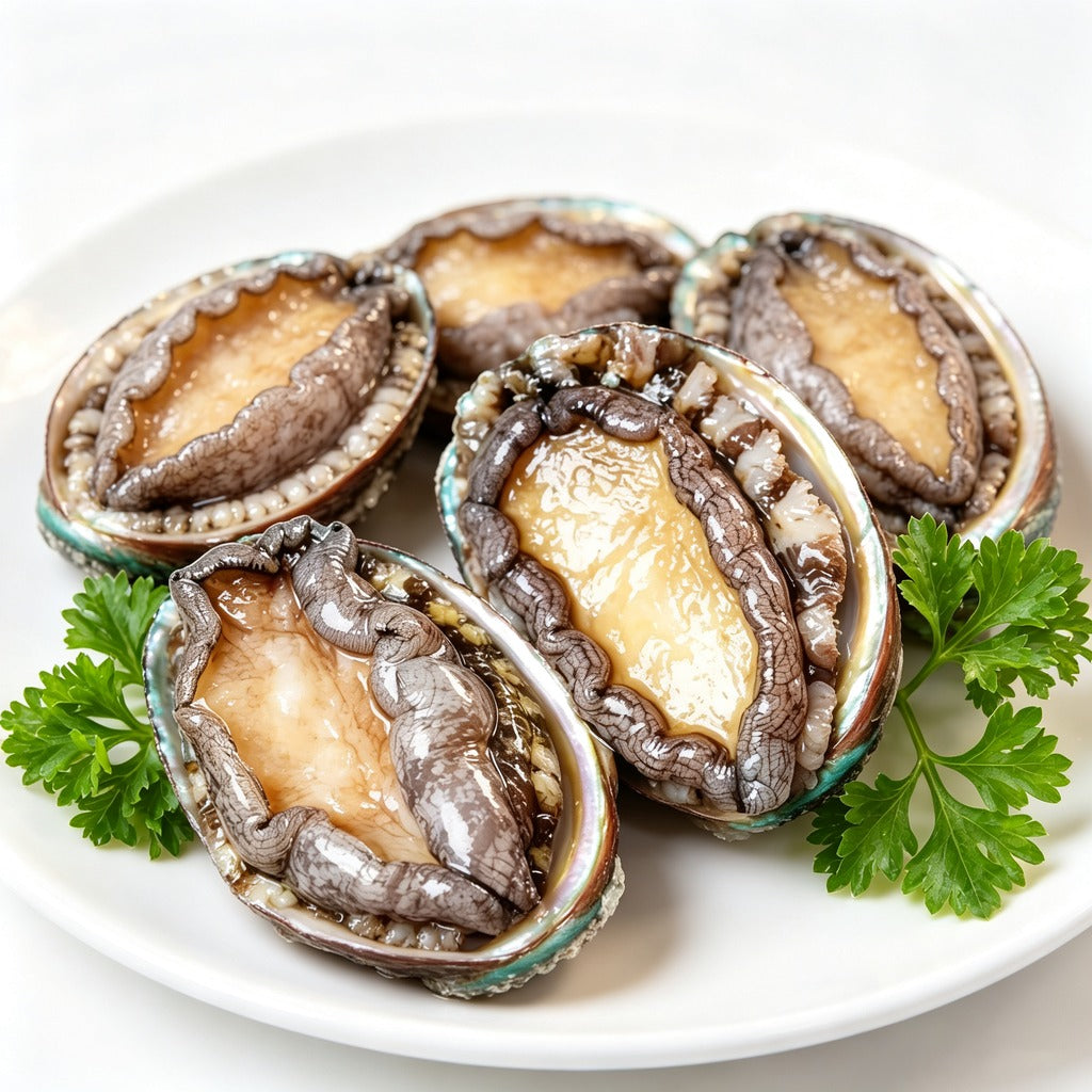 Raw whole abalone arranged on a white plate with parsley