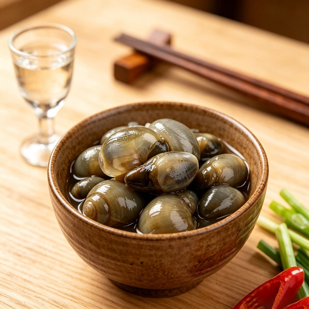 Marinated mud snails in a bowl with chopsticks and a glass of wine